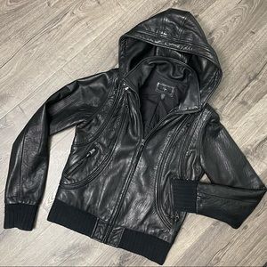 Aqua (Bloomingdale’s) Black Leather Bomber Jacket - Detachable Hood - size: M